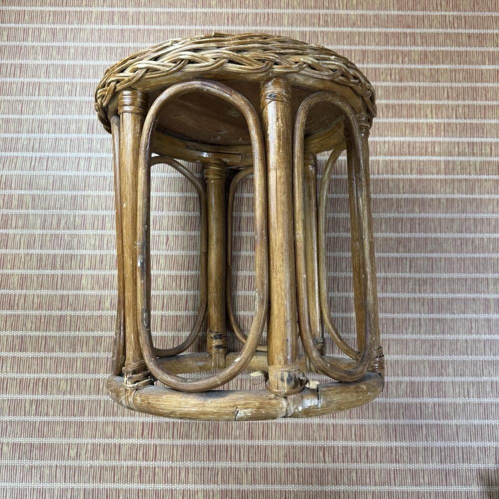 VTG rattan wicker stool plant stand 12" Round Bamboo Mid Century